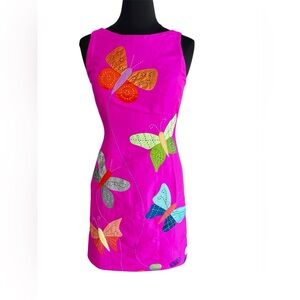 Chula Silk Butterfly Appliqué Dress XS Bright Pink Artisan Sleeveless Shift Boho